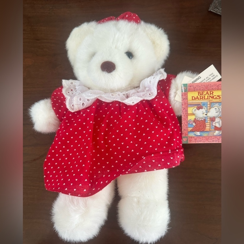 Vintage 1991 Commonwealth White Teddy Bear with Red and White Dress and Bow, 11"